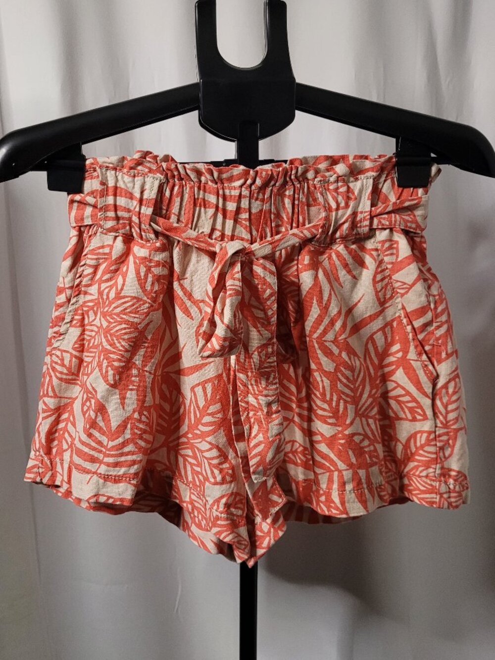 Cali 1850 Los Angeles Linen Blend Palm Leaf Paperbag Shorts Orange Coral Cream